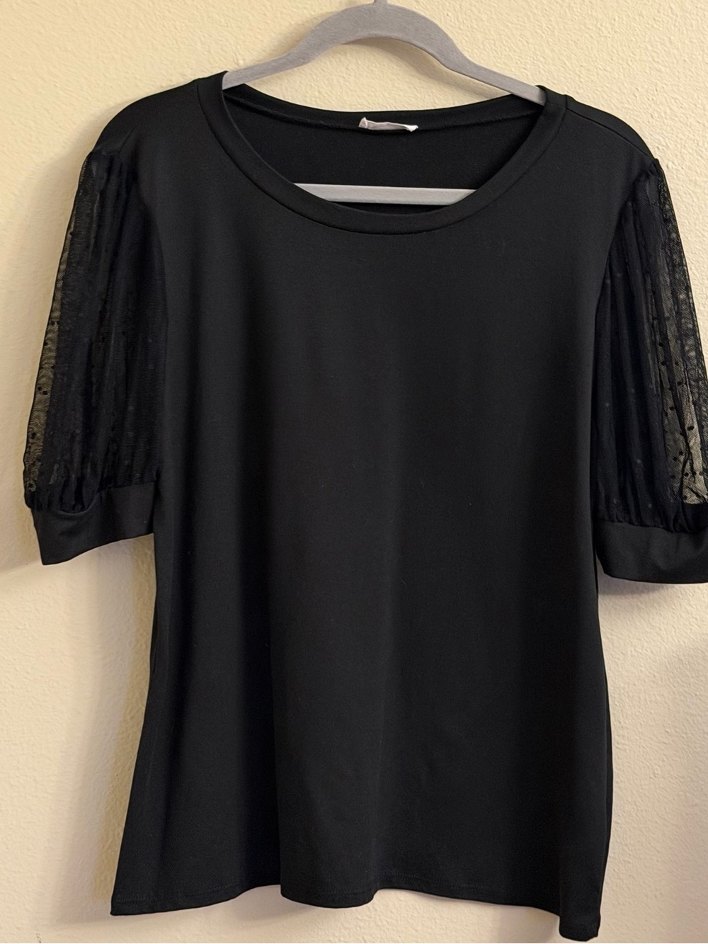 Le Lis Black Short Sleeve Tee with Sheer Dotted Puff Sleeves